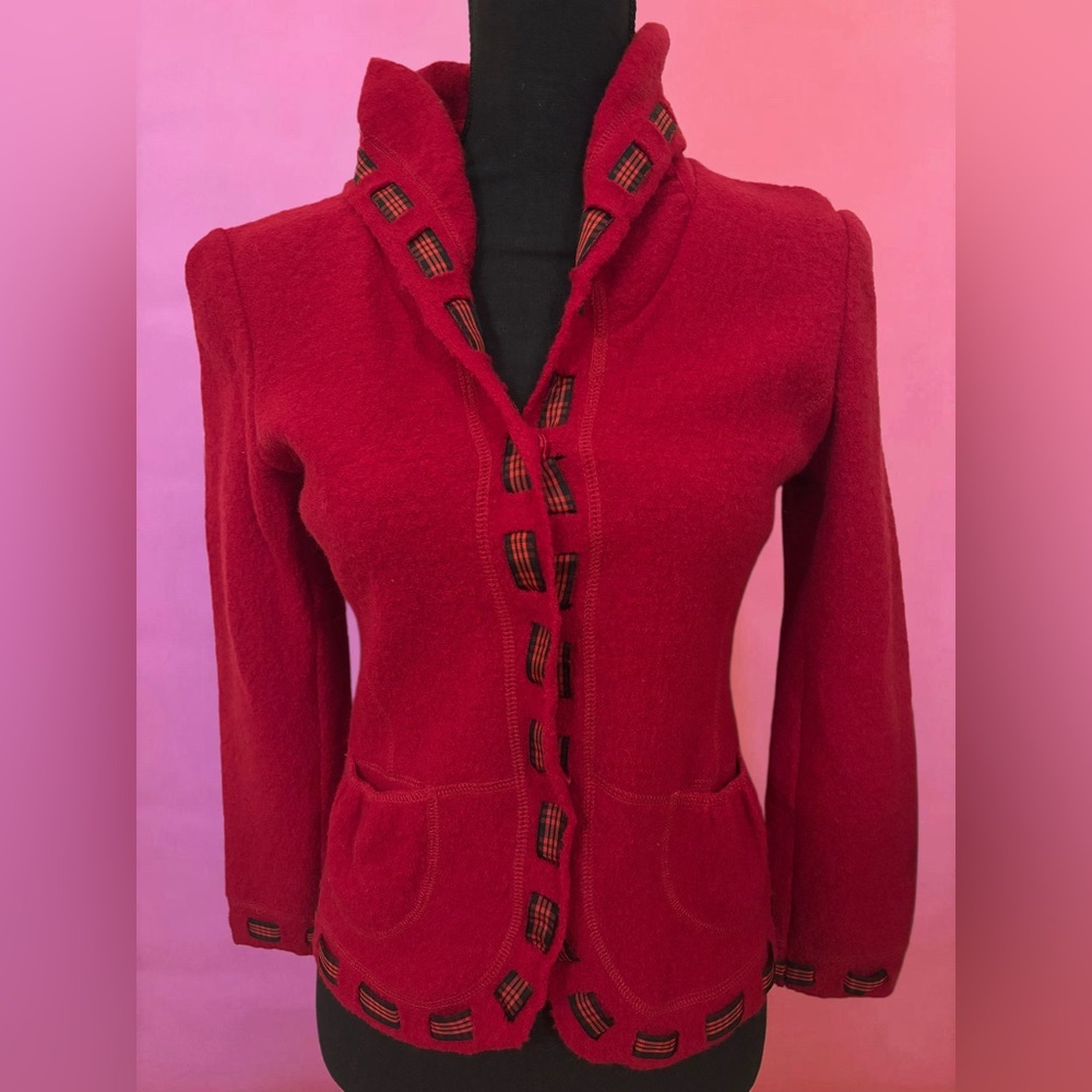 Vintage 90s Y2K Red Wool Button-Up Jacket Cardigan w/ Black Plaid Trim - XS - Picture 2 of 14